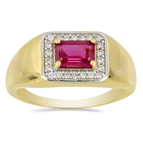 BUY 14K GOLD NATURAL GLASS FILLED RUBY GEMSTONE HALO RING WITH WHITE DIAMOND